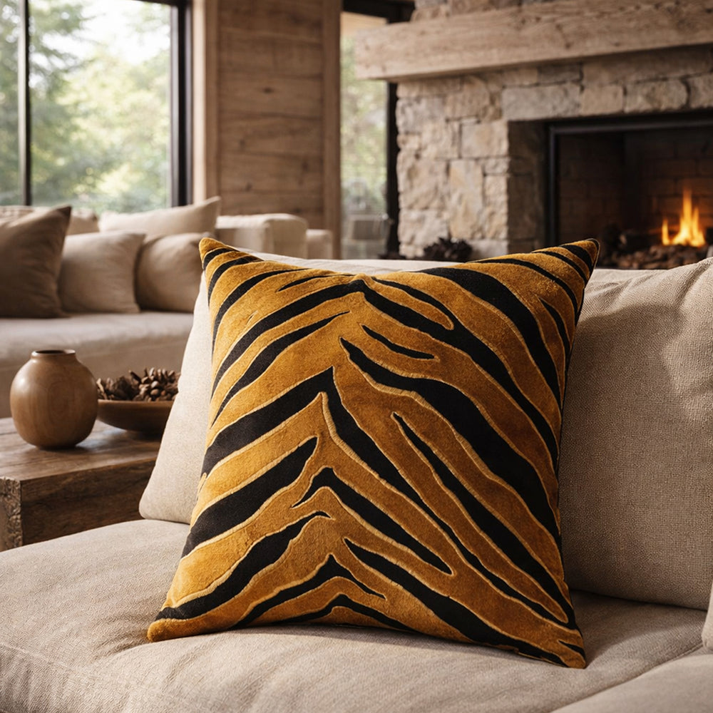 Golden Tiger Stripe Black Velvet Cushion Cover, 16x16 inch