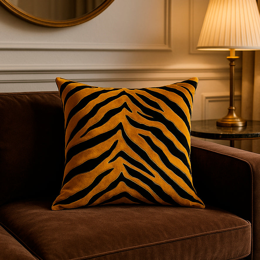 Golden Tiger Stripe Black Velvet Cushion Cover, 16x16 inch