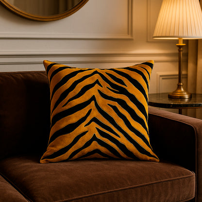Golden Tiger Stripe Black Velvet Cushion Cover, 16x16 inch