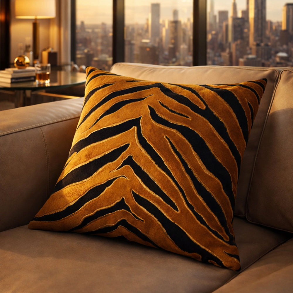 Golden Tiger Stripe Black Velvet Cushion Cover, 16x16 inch
