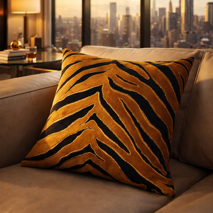 Golden Tiger Stripe Black Velvet Cushion Cover, 16x16 inch