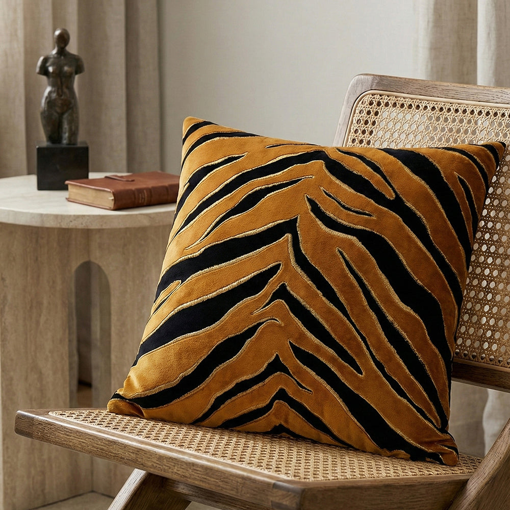 Golden Tiger Stripe Black Velvet Cushion Cover, 16x16 inch