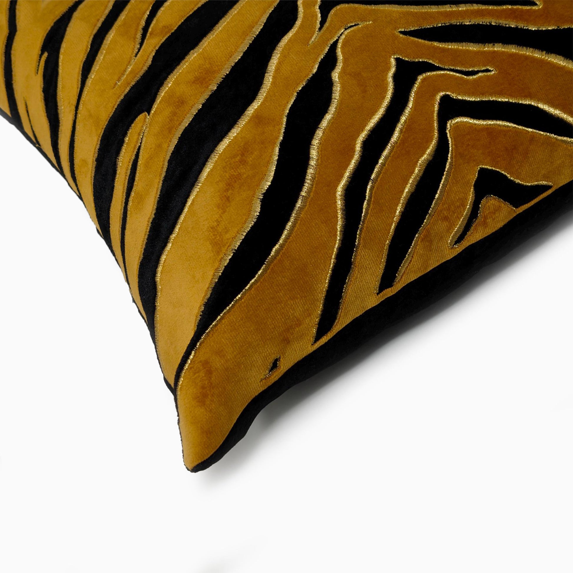 Golden Tiger Stripe Black Velvet Cushion Cover, 16x16 inch
