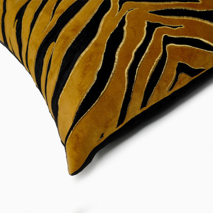 Golden Tiger Stripe Black Velvet Cushion Cover, 16x16 inch