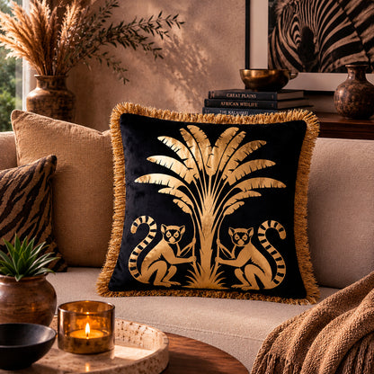 Lemur Animal Print Gold Foil Velvet Cushion Cover, 16x16 inch