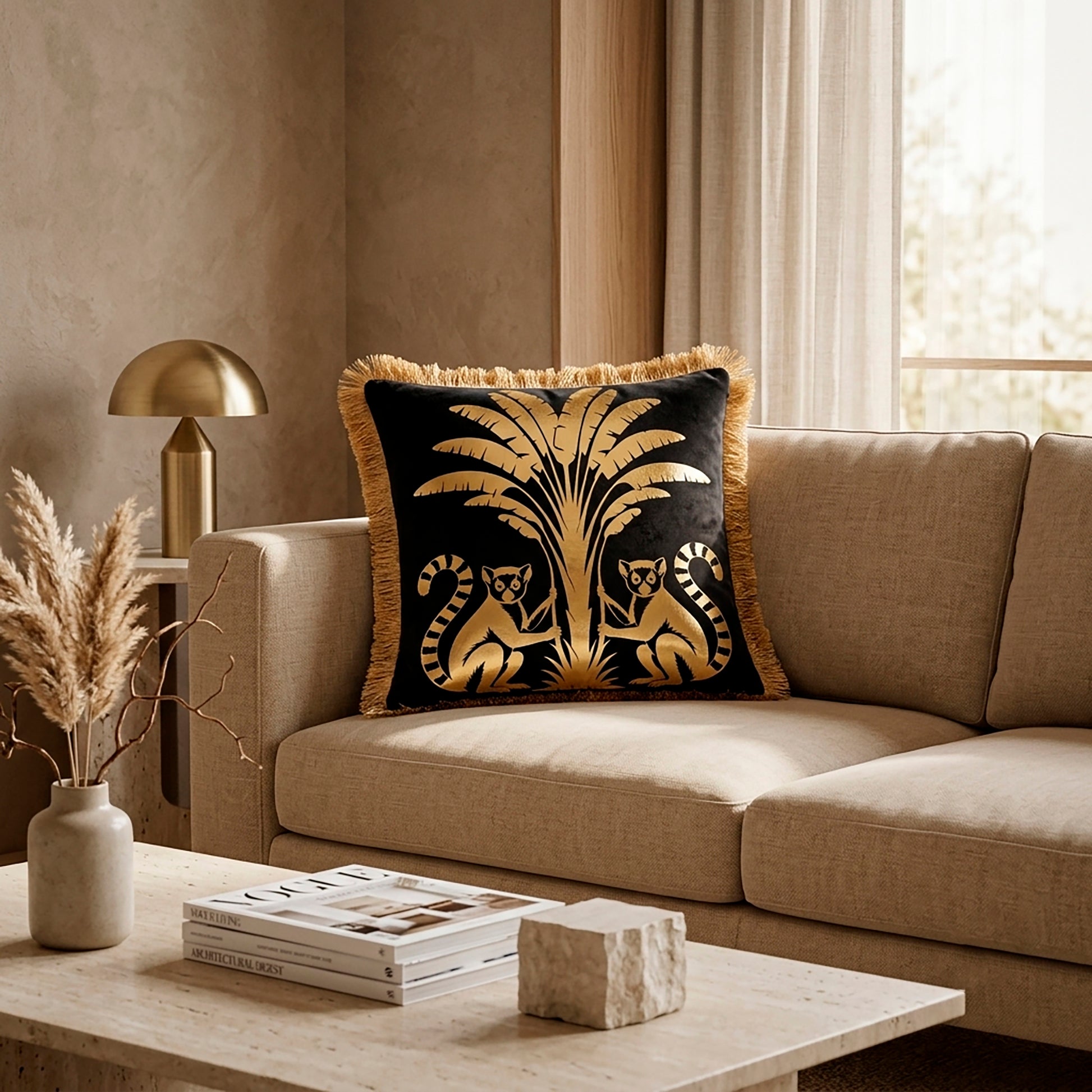 Lemur Animal Print Gold Foil Velvet Cushion Cover, 16x16 inch