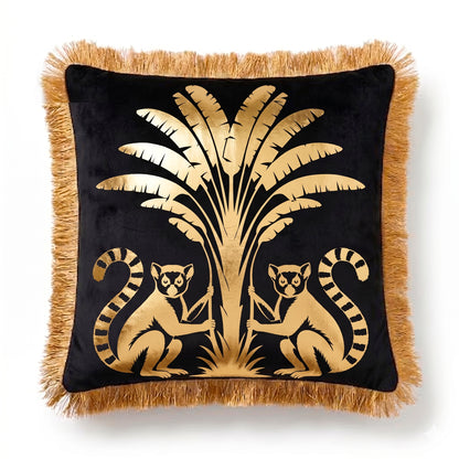 Lemur Animal Print Gold Foil Velvet Cushion Cover, 16x16 inch