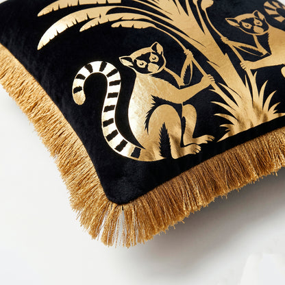 Lemur Animal Print Gold Foil Velvet Cushion Cover, 16x16 inch