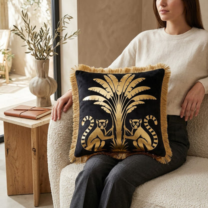 Lemur Animal Print Gold Foil Velvet Cushion Cover, 16x16 inch