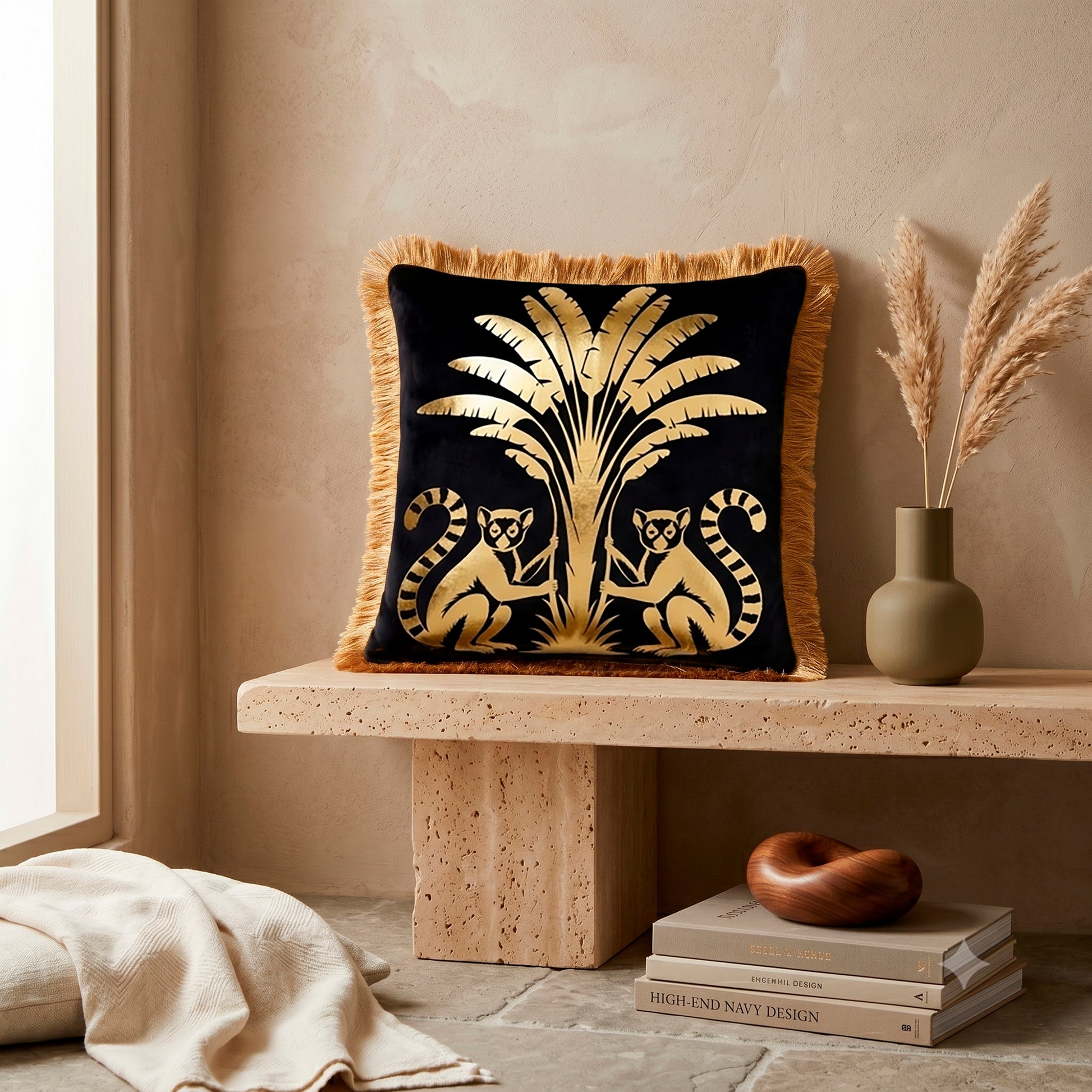 Lemur Animal Print Gold Foil Velvet Cushion Cover, 16x16 inch