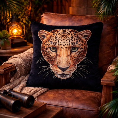 Leopard Portrait Embroidered Velvet Cushion Cover, 16x16 inch