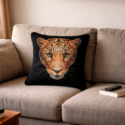 Leopard Portrait Embroidered Velvet Cushion Cover, 16x16 inch