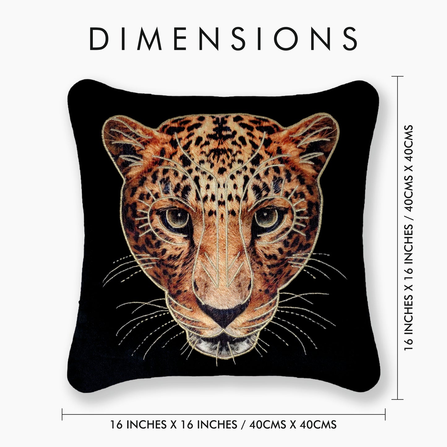 Leopard Portrait Embroidered Velvet Cushion Cover, 16x16 inch