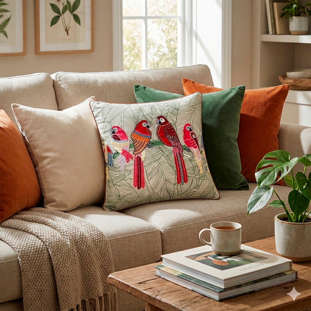 Macaw Beaded Parrots Cushion Cover