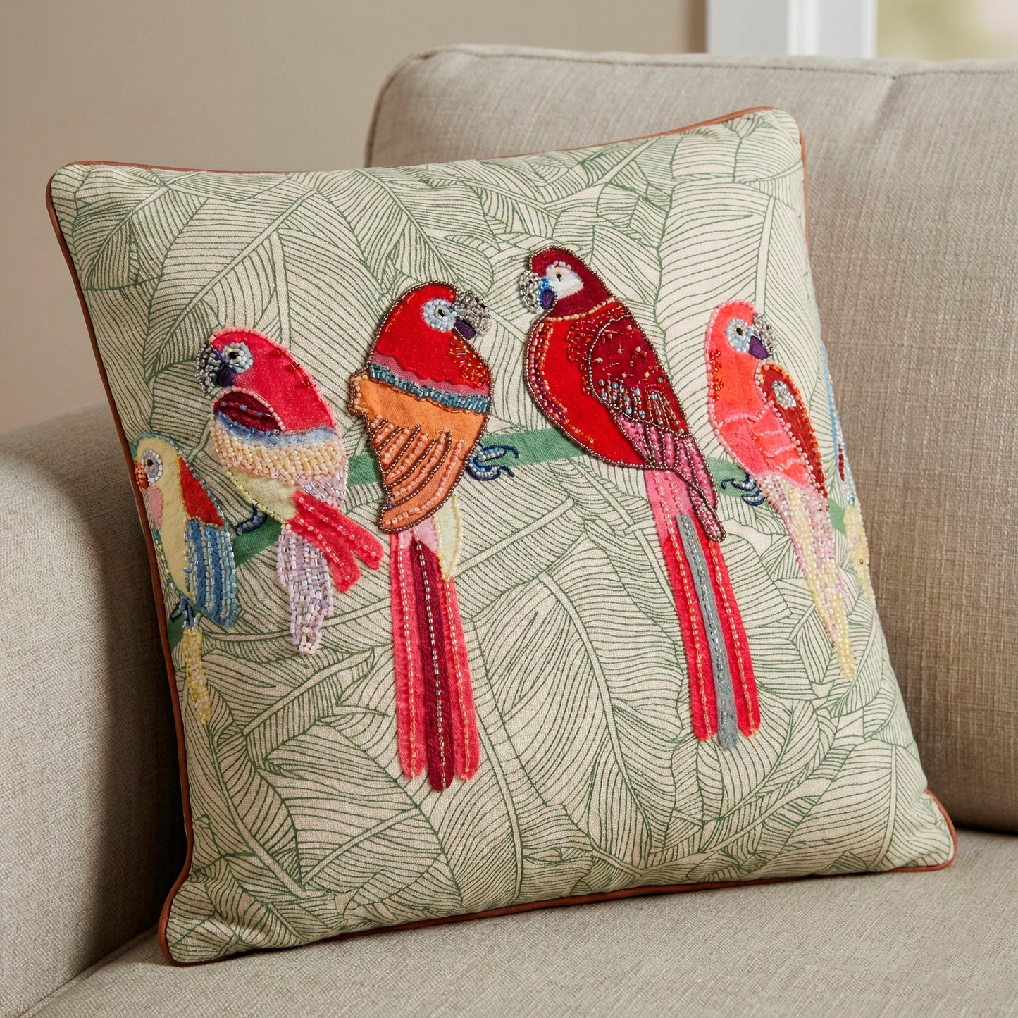 Macaw Beaded Parrots Cushion Cover