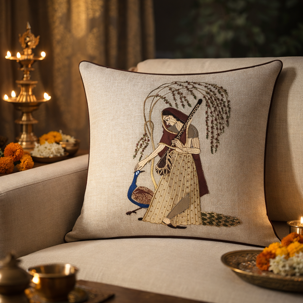 Peacock Embroidered Ragamala Lady Cushion Cover, 16x16 inch