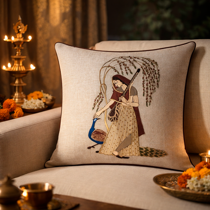 Peacock Embroidered Ragamala Lady Cushion Cover, 16x16 inch