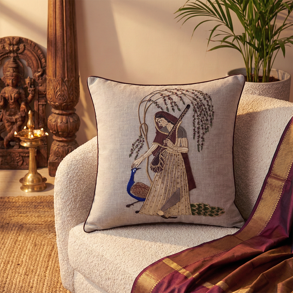 Peacock Embroidered Ragamala Lady Cushion Cover, 16x16 inch