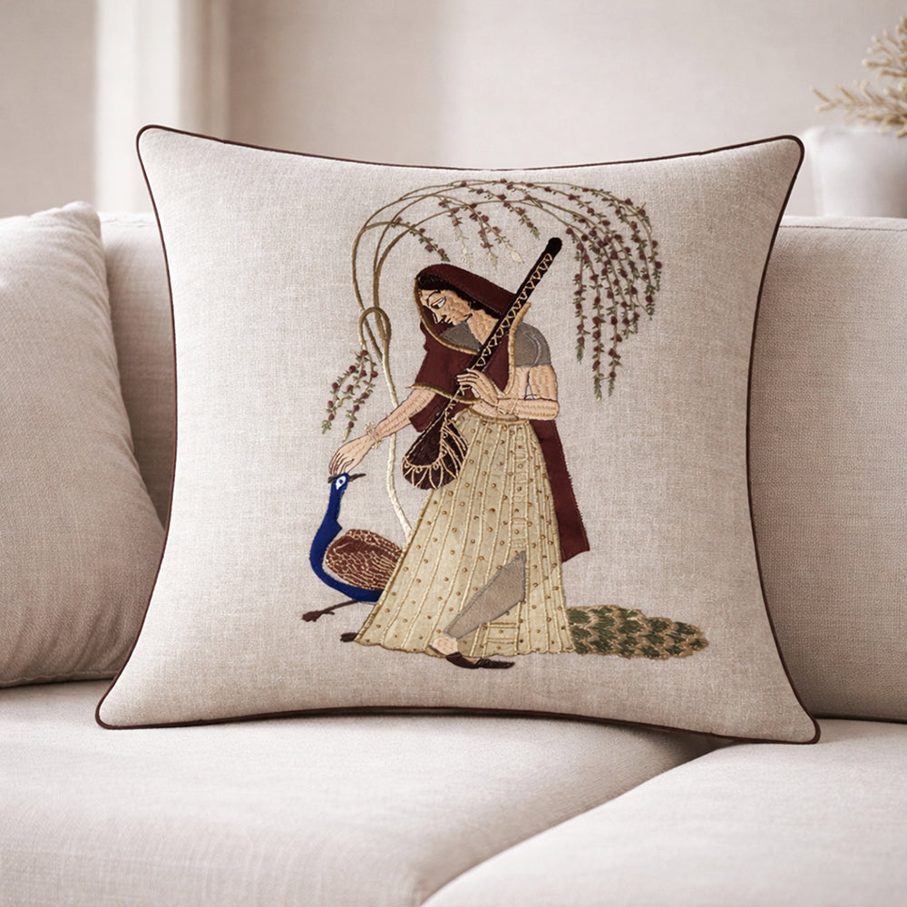 Peacock Embroidered Ragamala Lady Cushion Cover, 16x16 inch