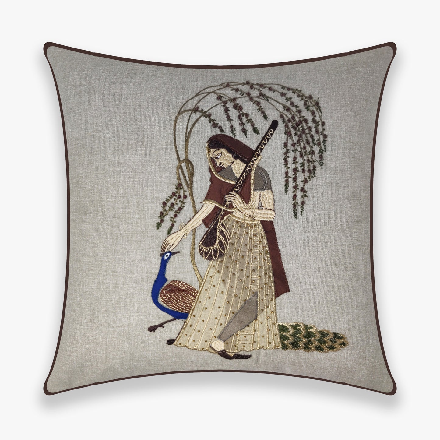 Peacock Embroidered Ragamala Lady Cushion Cover, 16x16 inch
