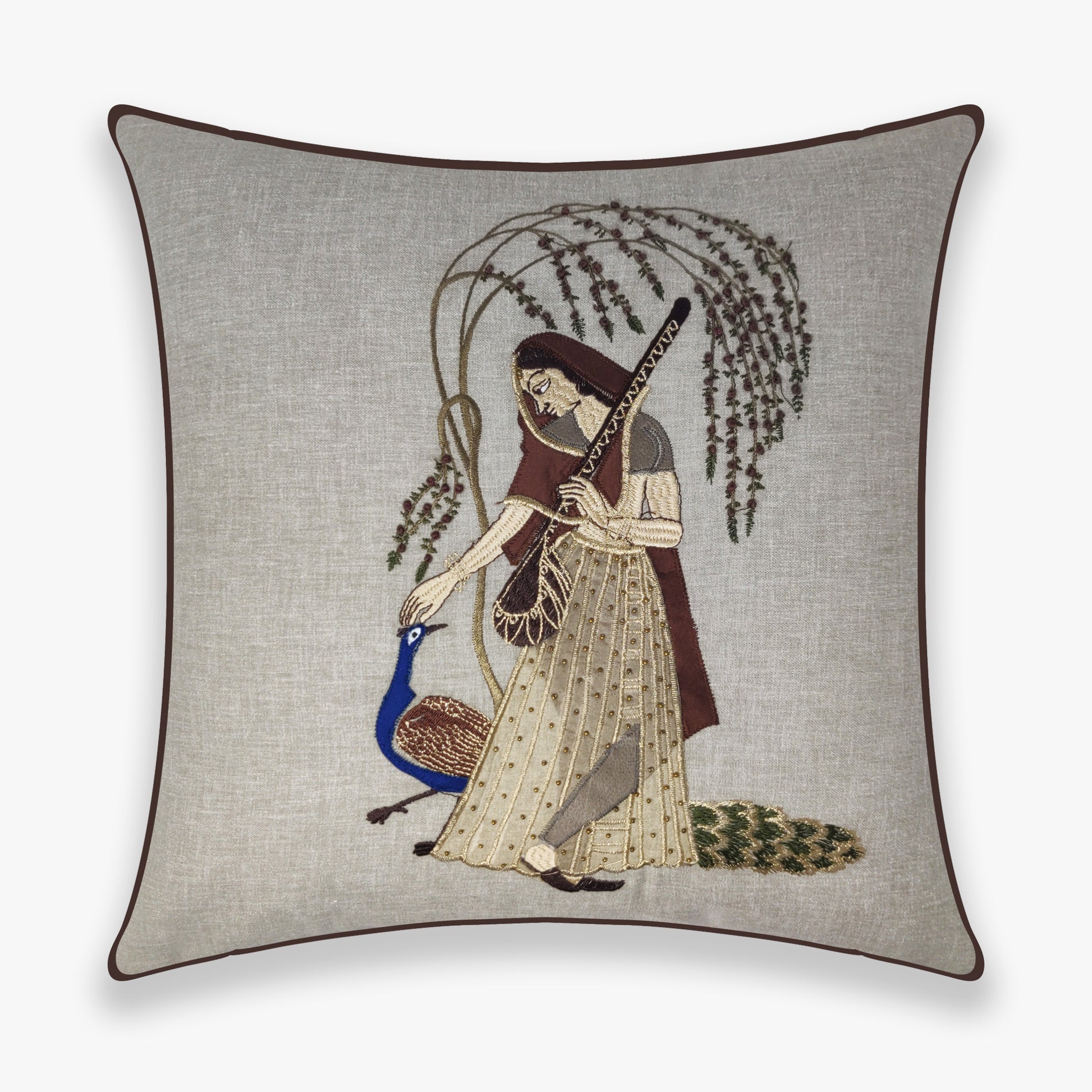 Peacock Embroidered Ragamala Lady Cushion Cover, 16x16 inch