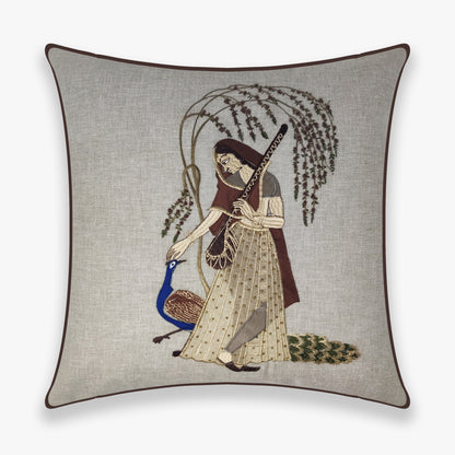 Peacock Embroidered Ragamala Lady Cushion Cover, 16x16 inch