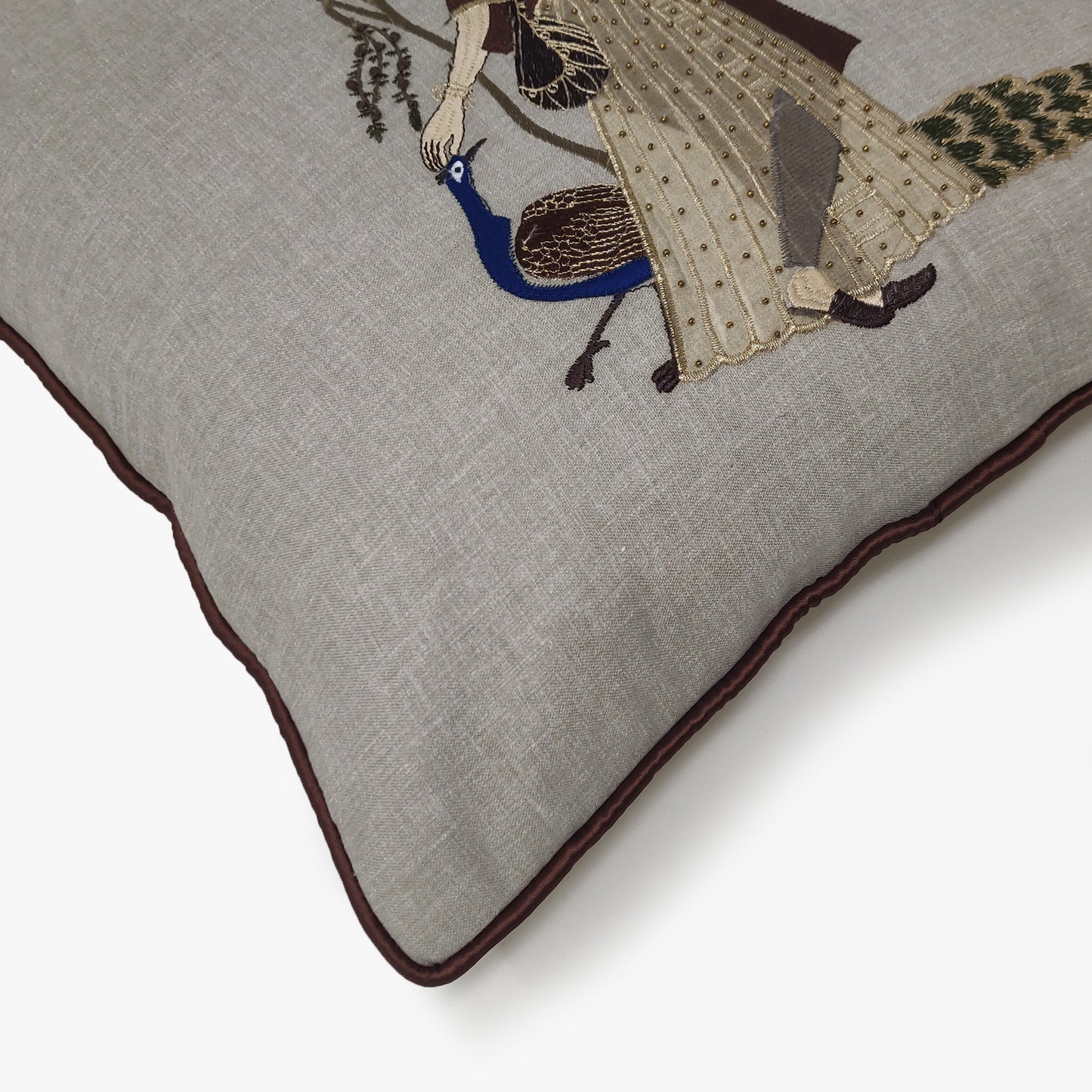 Peacock Embroidered Ragamala Lady Cushion Cover, 16x16 inch