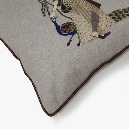 Peacock Embroidered Ragamala Lady Cushion Cover, 16x16 inch