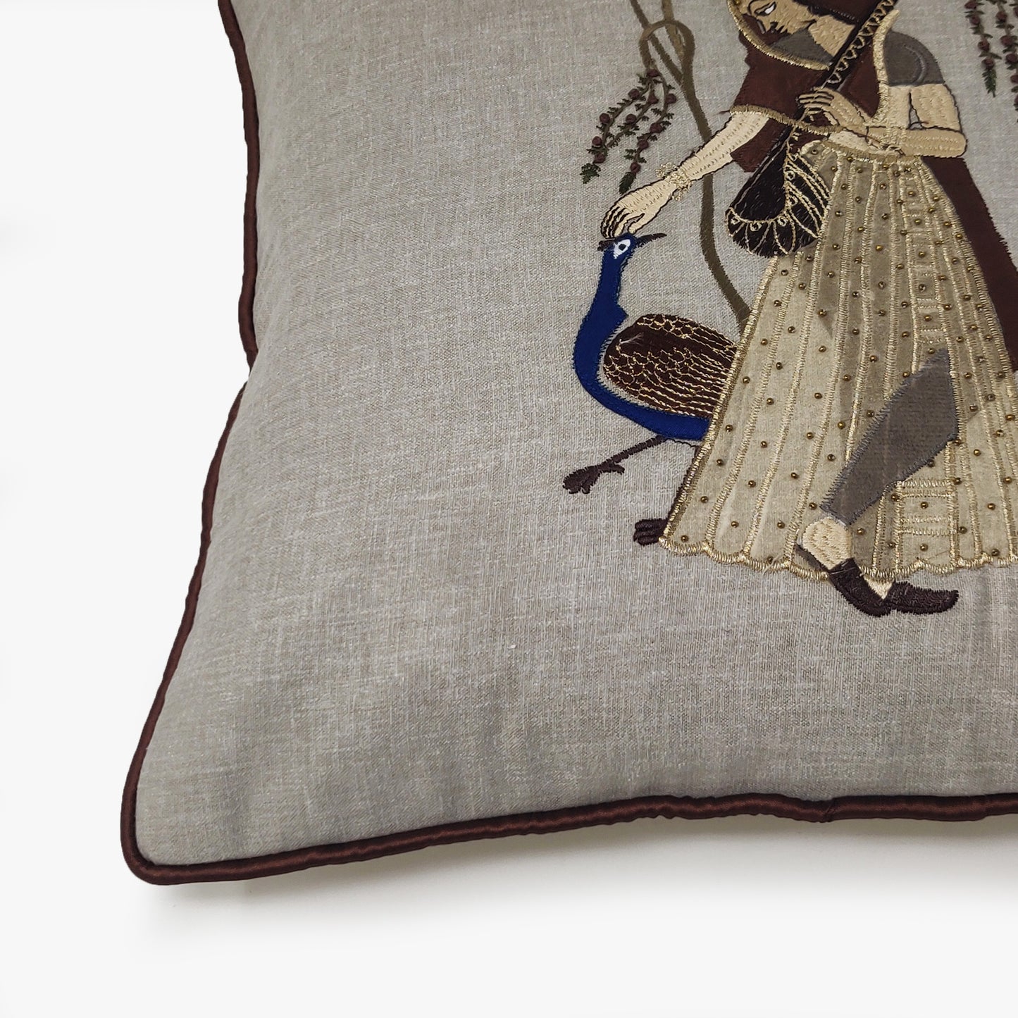 Peacock Embroidered Ragamala Lady Cushion Cover, 16x16 inch