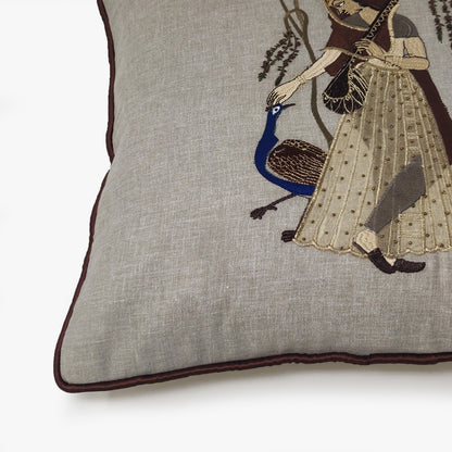 Peacock Embroidered Ragamala Lady Cushion Cover, 16x16 inch