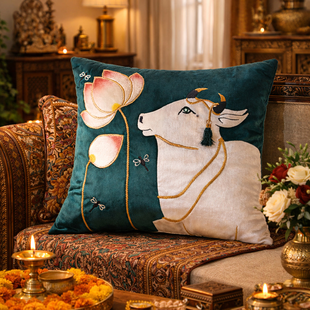 Emerald Green Velvet & Appliqué Pichwai Cow Cushion Cover