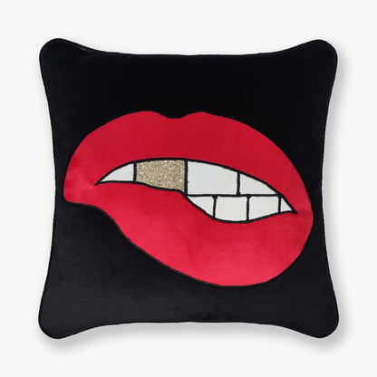 Quirky Red Lips Glitter Velvet Cushion Cover, 16x16 inch