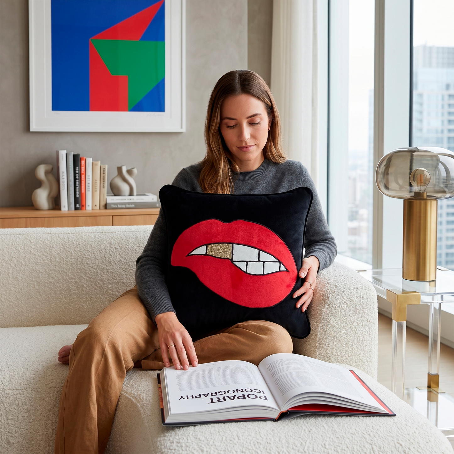 Quirky Red Lips Glitter Velvet Cushion Cover, 16x16 inch