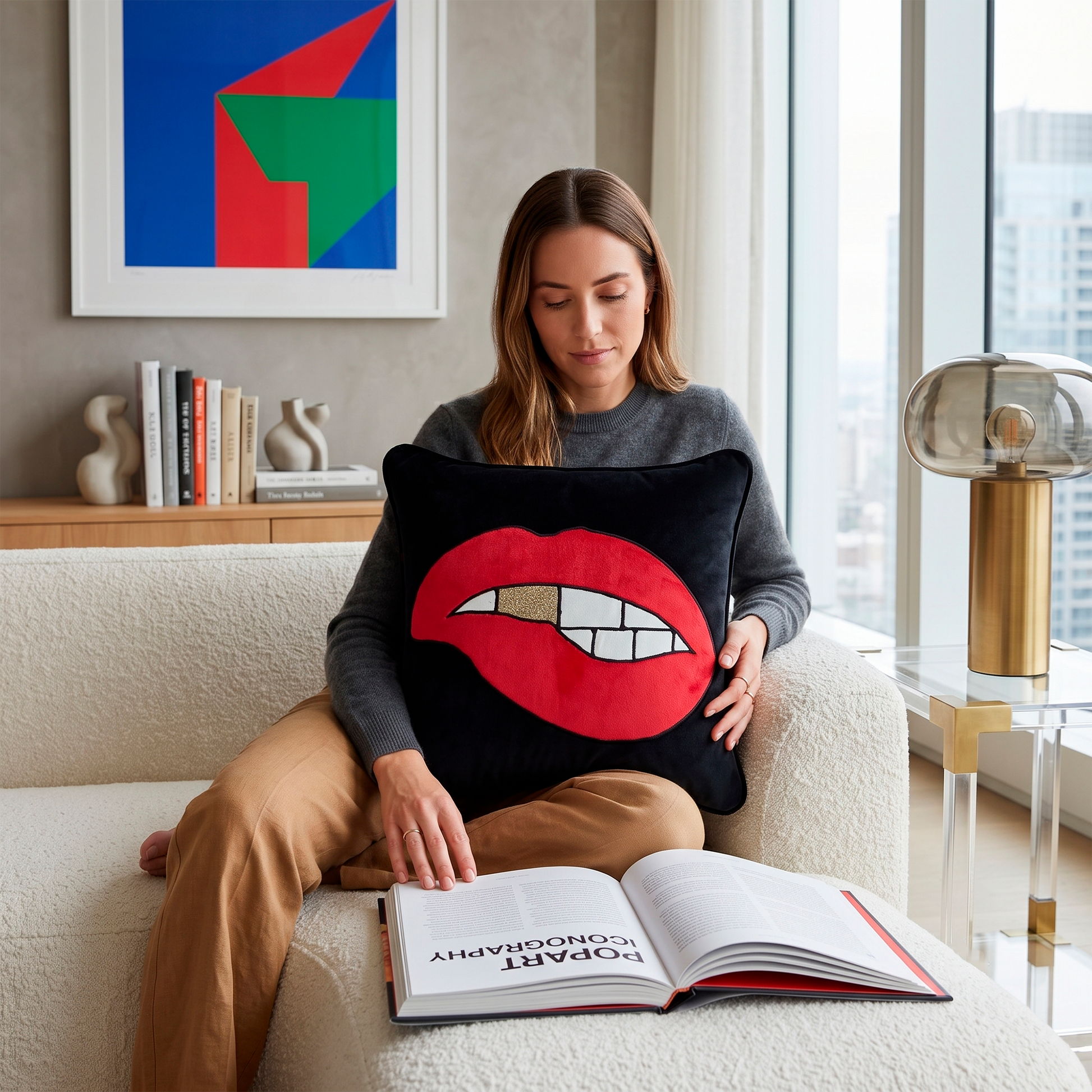Quirky Red Lips Glitter Velvet Cushion Cover, 16x16 inch
