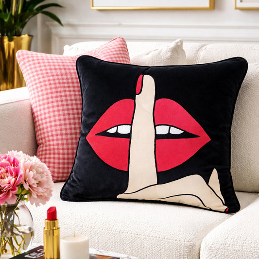 Quirky Shhh Lips Red Velvet Cushion Cover, 16x16 inch