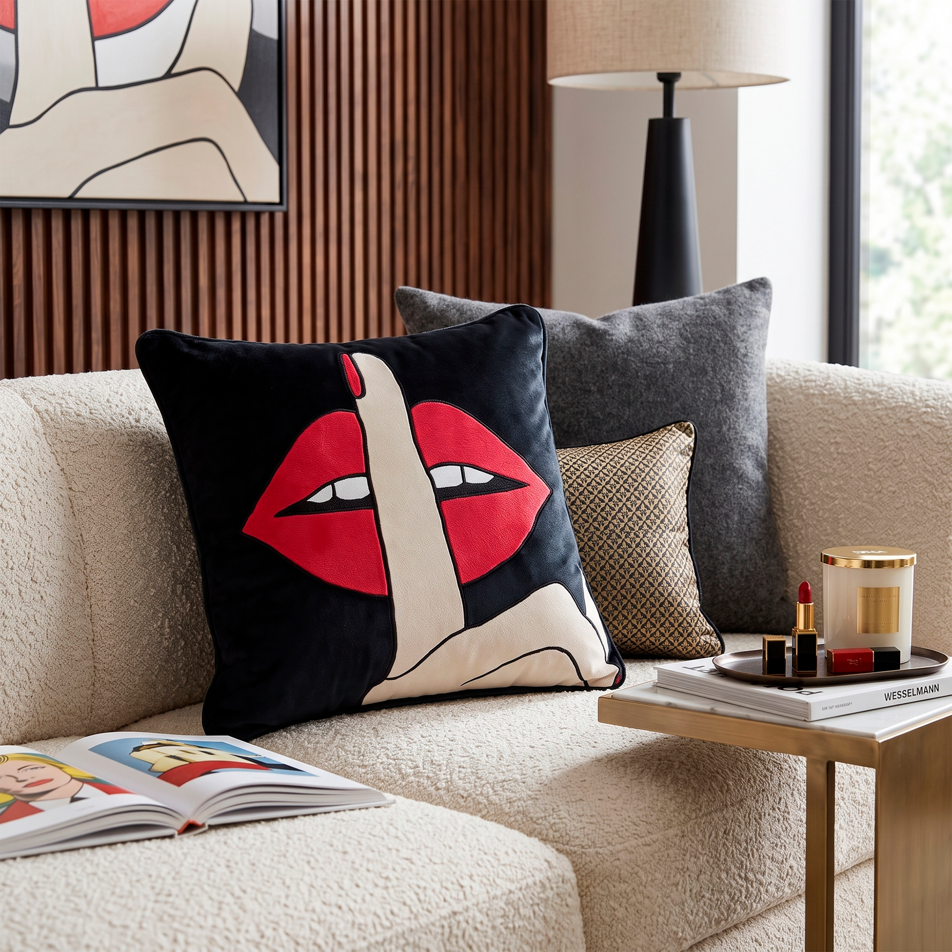 Quirky Shhh Lips Red Velvet Cushion Cover, 16x16 inch
