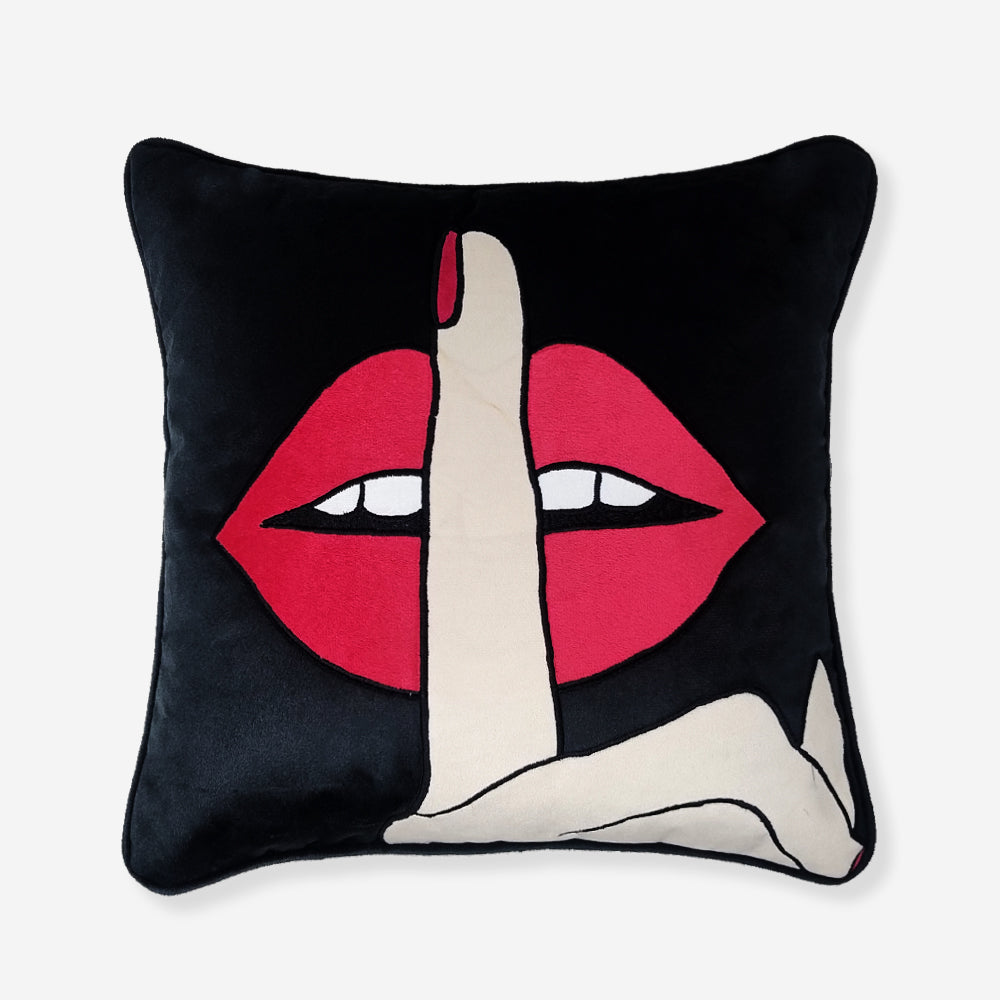 Quirky Shhh Lips Red Velvet Cushion Cover, 16x16 inch