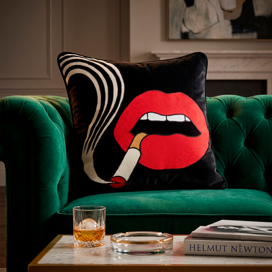 Smoking Lips Red Quirky Velvet Cushion Cover, 16x16 inch
