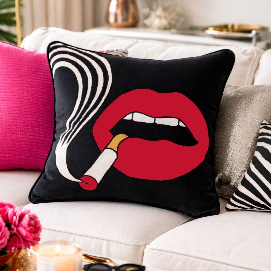 Smoking Lips Red Quirky Velvet Cushion Cover, 16x16 inch