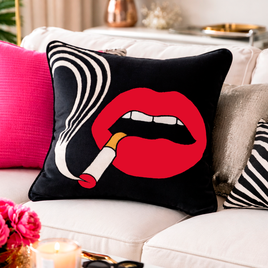 Smoking Lips Red Quirky Velvet Cushion Cover, 16x16 inch
