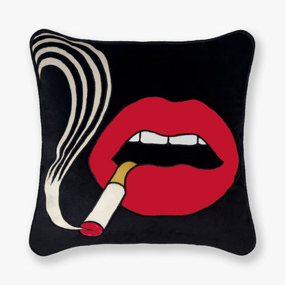 Smoking Lips Red Quirky Velvet Cushion Cover, 16x16 inch