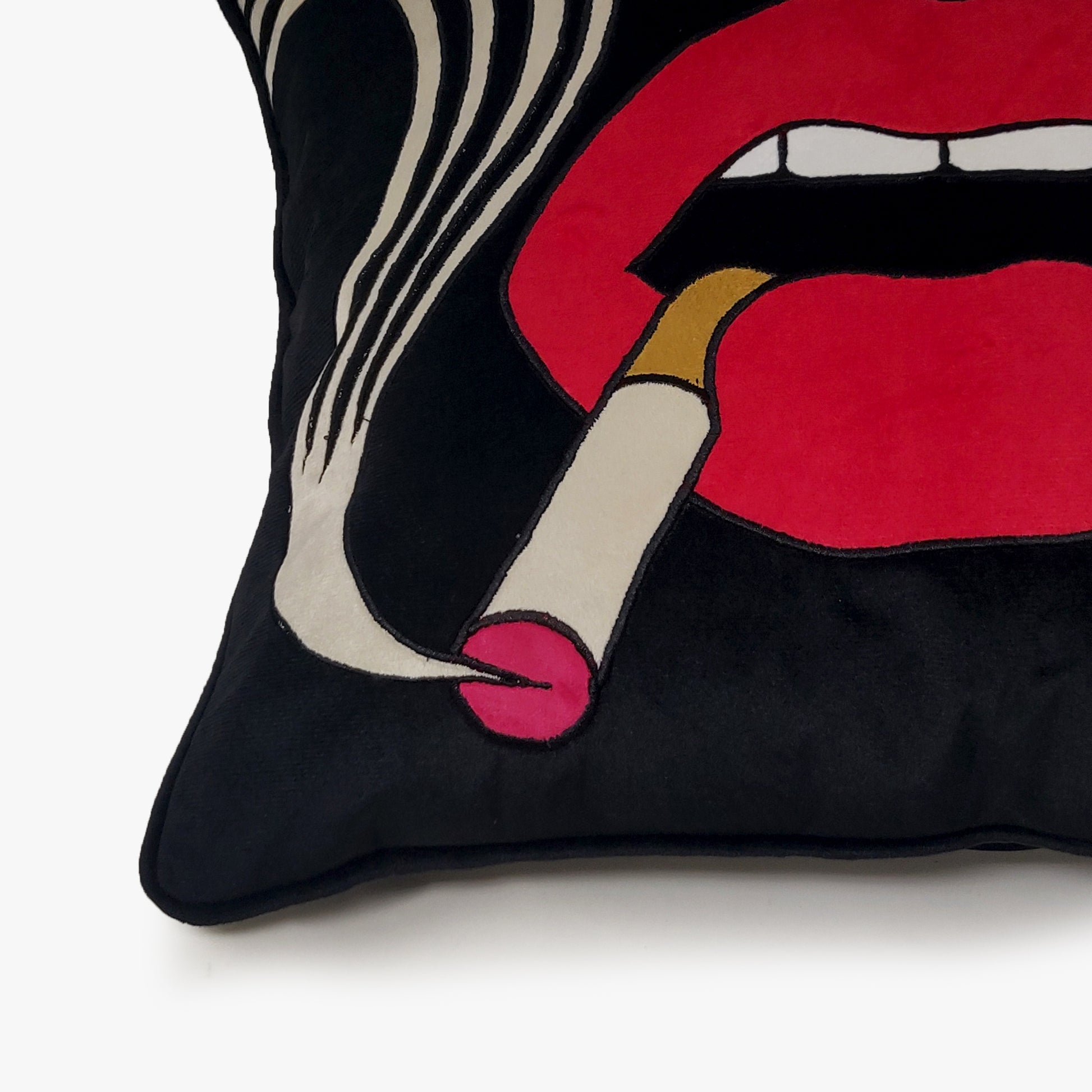 Smoking Lips Red Quirky Velvet Cushion Cover, 16x16 inch
