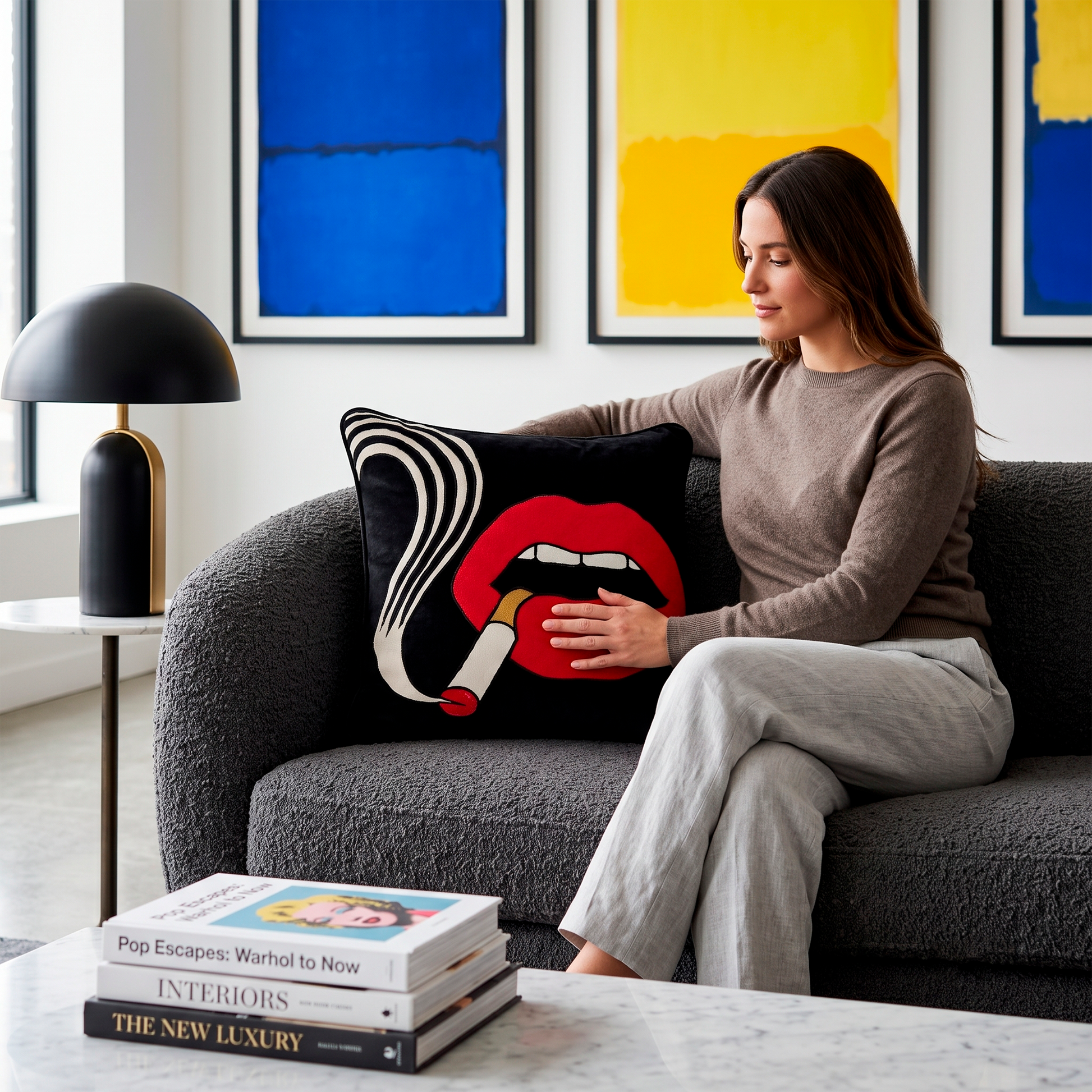 Smoking Lips Red Quirky Velvet Cushion Cover, 16x16 inch