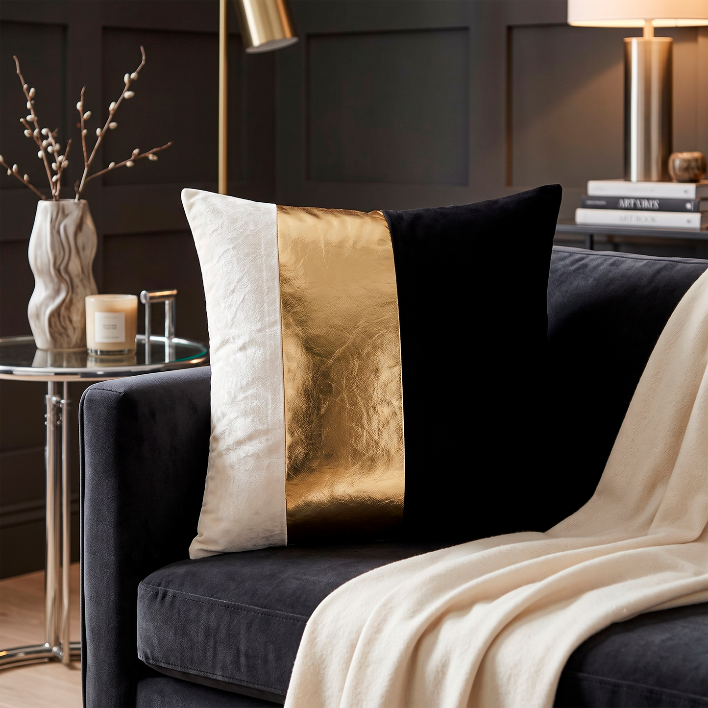 Striped Velvet & Gold Leather Cushion Cover | Set of 2