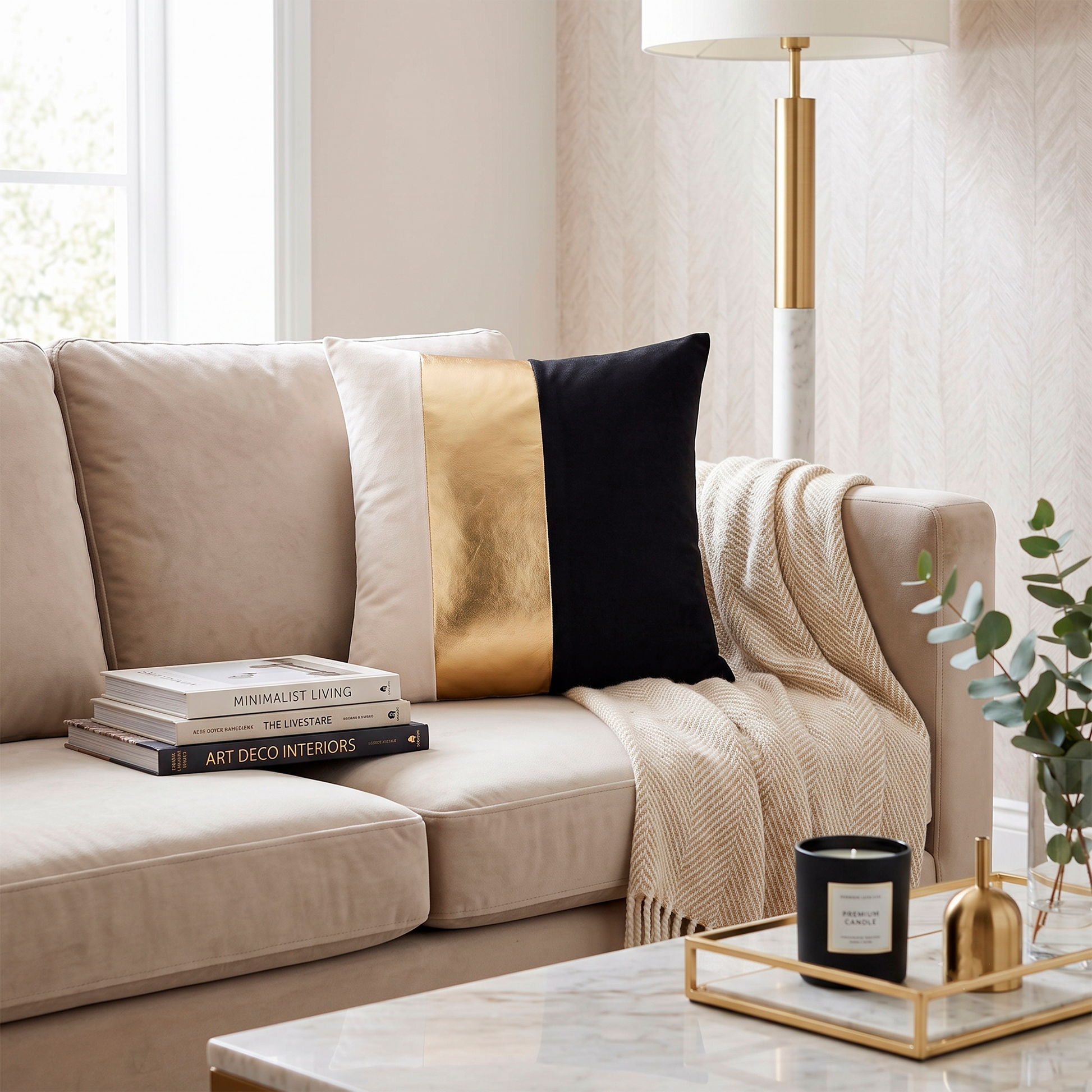 Striped Velvet & Gold Leather Cushion Cover | Set of 2
