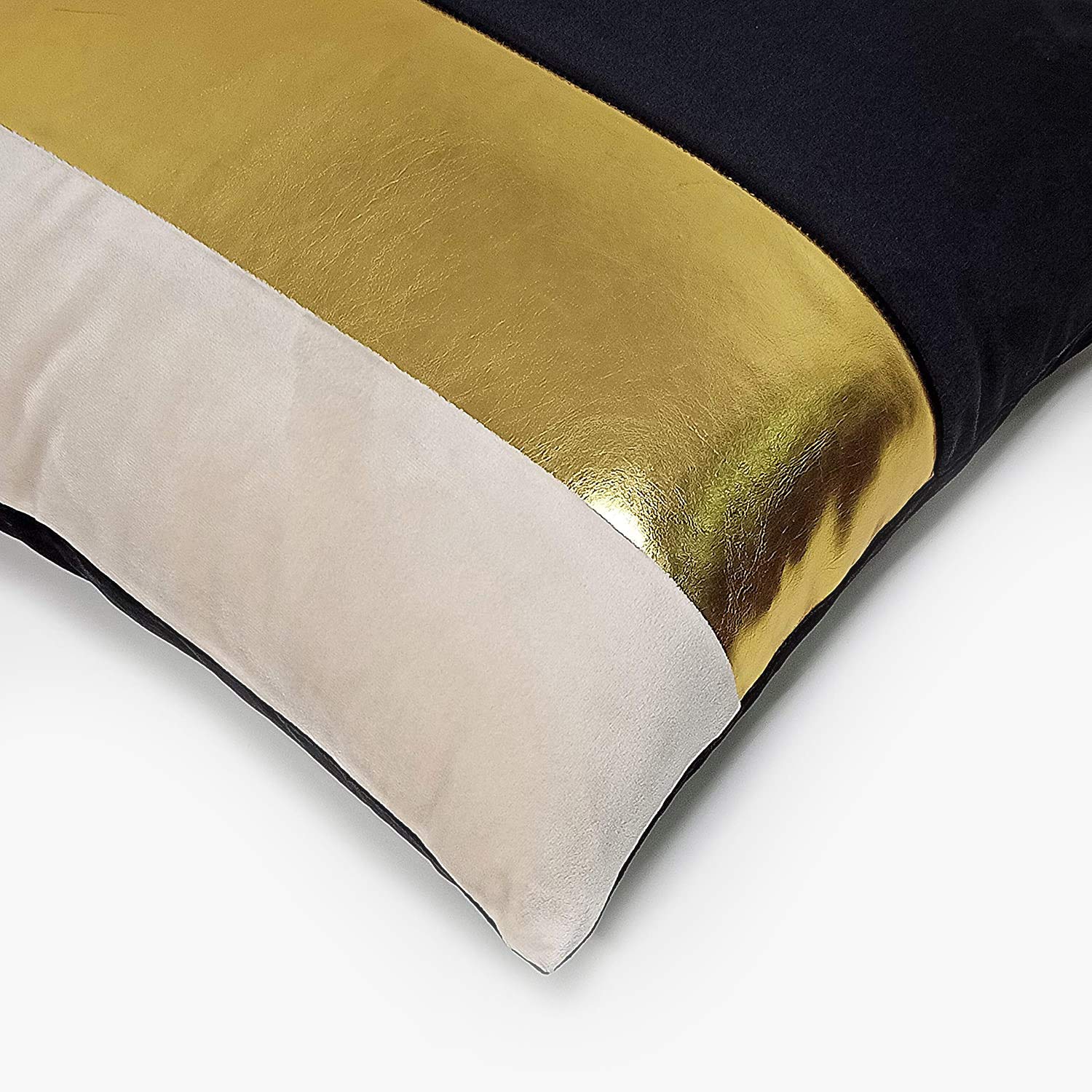 Striped Velvet & Gold Leather Cushion Cover | Set of 2