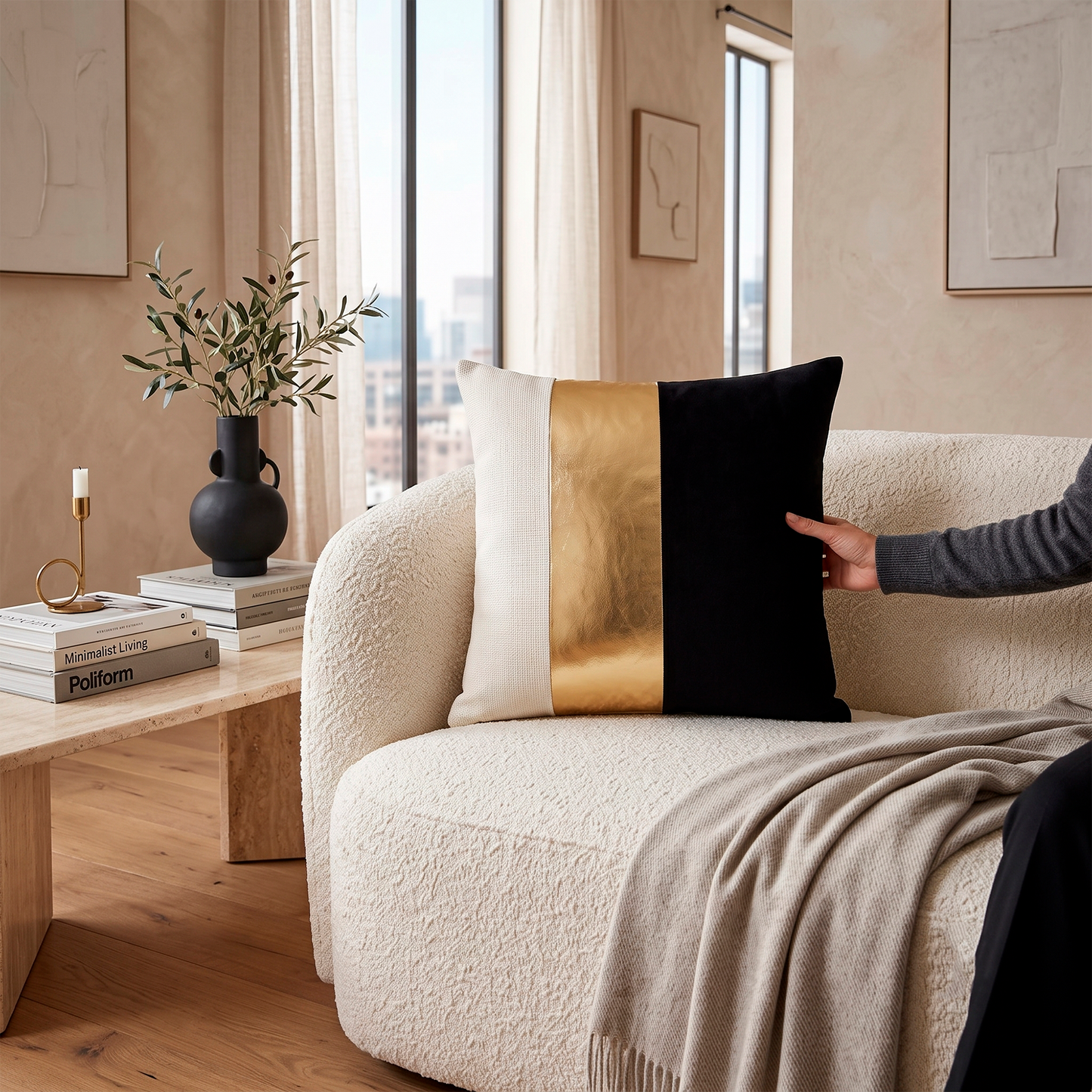 Striped Velvet & Gold Leather Cushion Cover | Set of 2