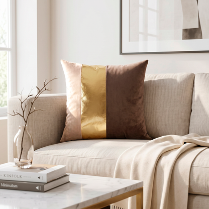 Striped Velvet & Gold Leather Cushion Cover | Set of 2