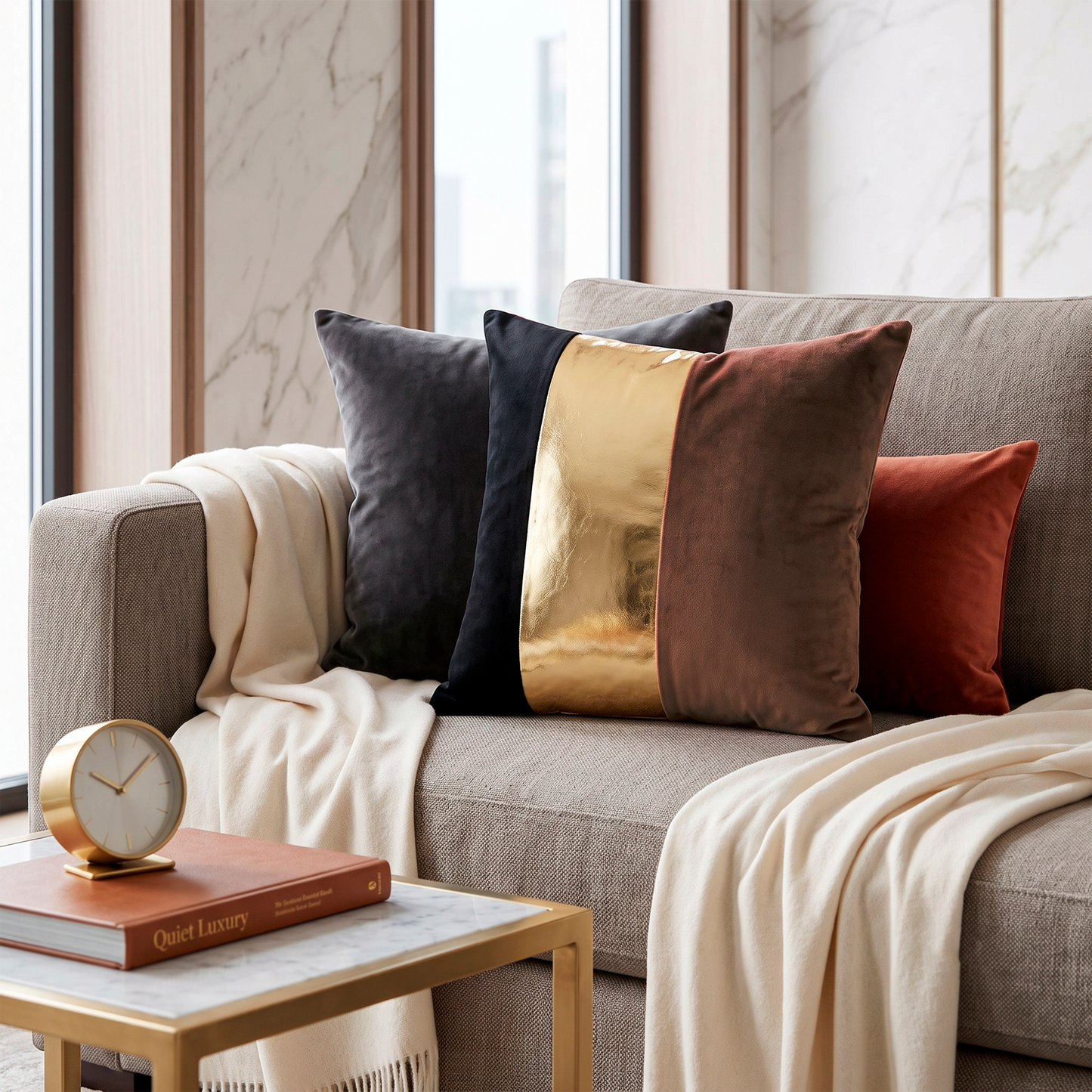 Striped Velvet & Gold Leather Cushion Cover | Set of 2