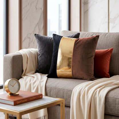 Striped Velvet & Gold Leather Cushion Cover | Set of 2